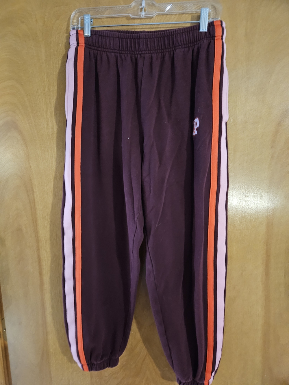 PINK Victoria's Secret Burgundy Track Joggers with Pink & Orange Side Stripes